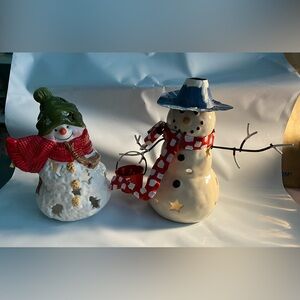 Hallmark set of 2 Christmas Snowman ceramic Tea Lights